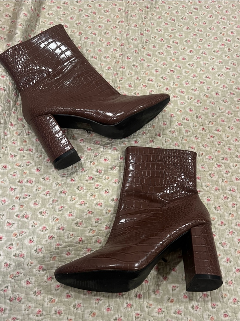 Women's Brown Croc-Embossed High Heel Ankle Boots
